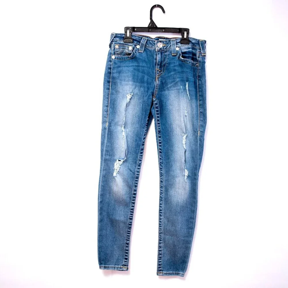 Y2K True Religion Low Rise Skinny Jeans Blue Distressed Size 28 Indie Sleaze